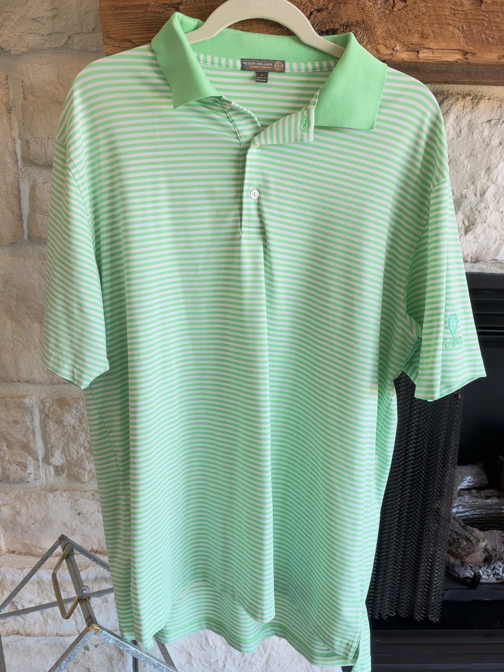 Peter Millar Green & White Striped Polo - Golf Club of Houston Branded Sleeve